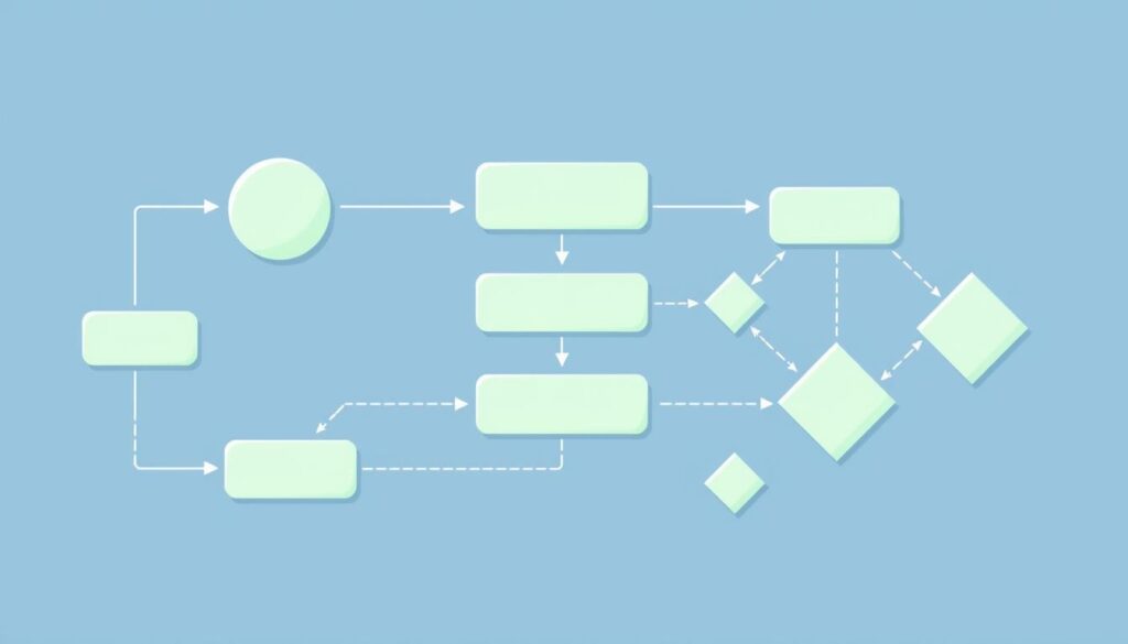 User flow diagram A simple flowchart with light green shapes connected by arrows on a light blue background.