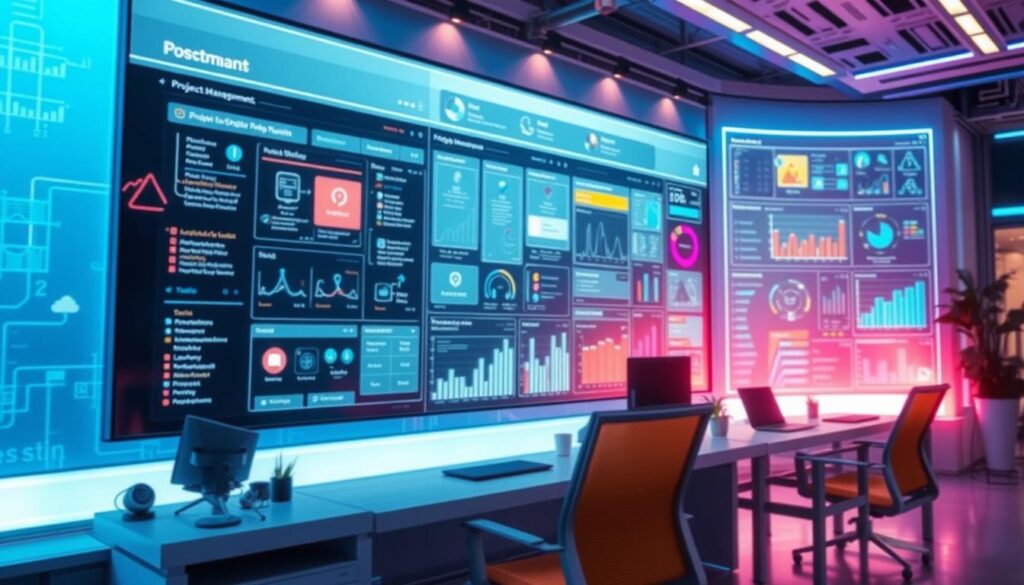 Project management flow charts integration A futuristic office with large screens displaying data dashboards, graphs, and project management metrics.