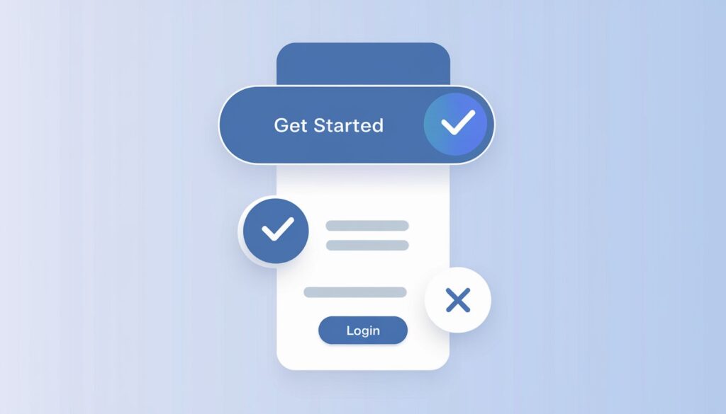 A mobile UI with "Get Started" and "Login" buttons, featuring checkmark icons, showcasing clean indentation and alignment.