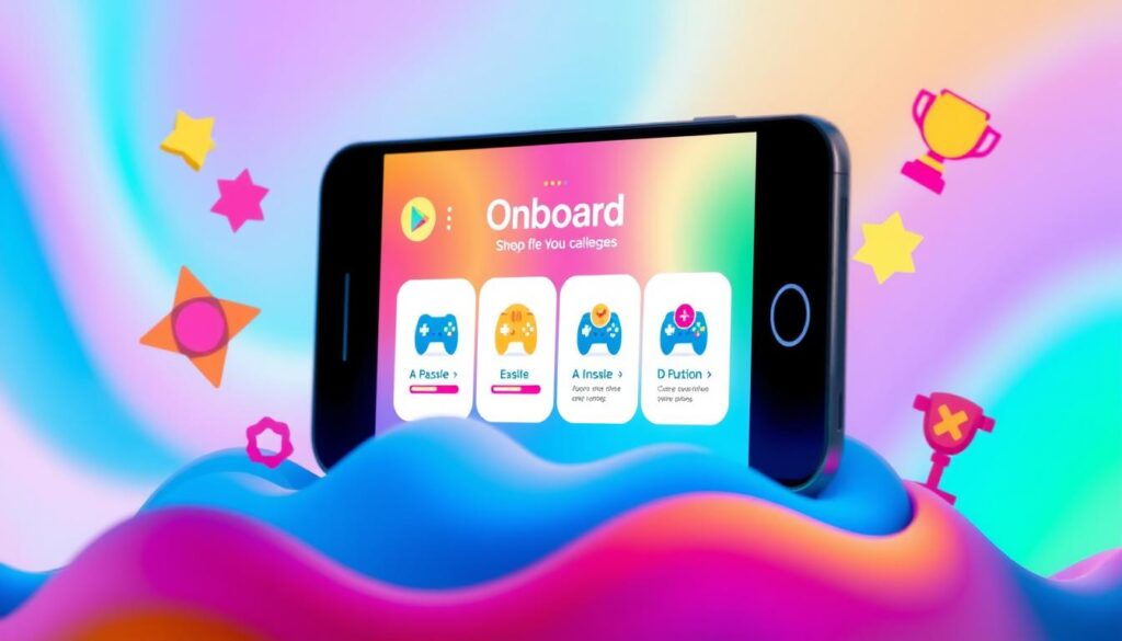Gamification in onboarding process A mobile onboarding screen with game controller icons and playful visuals, emphasizing a fun and engaging user experience.