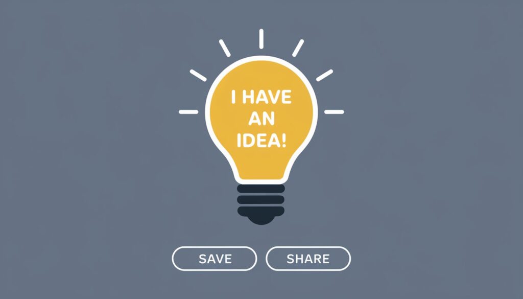 A lghtbulb icon with "I HAVE AN IDEA!" and evenly spaced "SAVE" and "SHARE" buttons, showcasing UI design indentation.