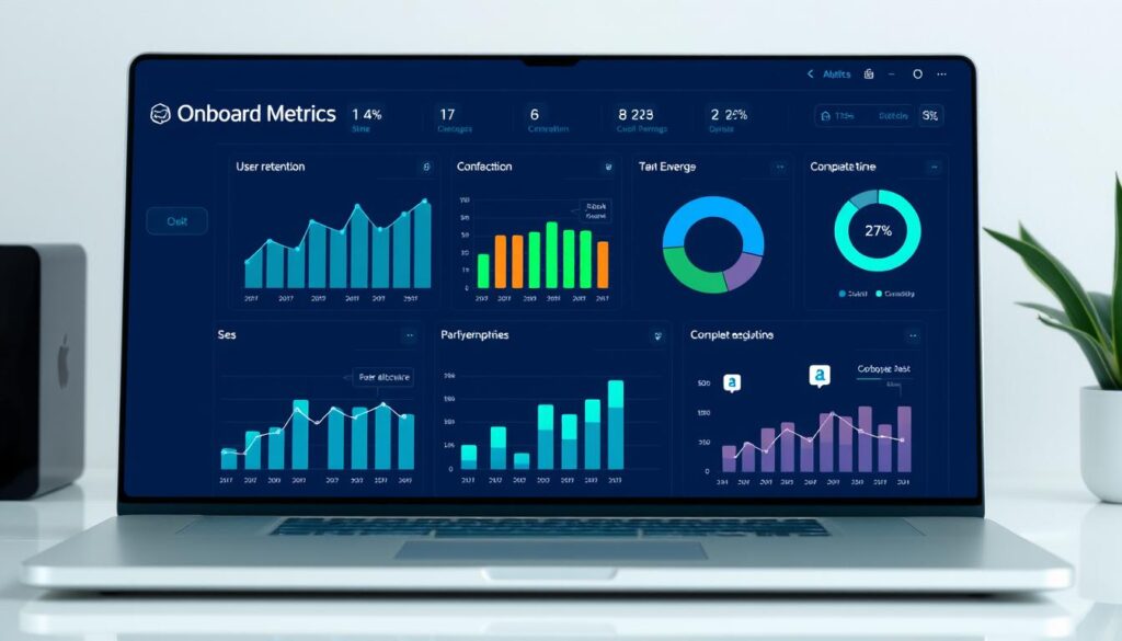 Onboarding metrics dashboard A dashboard of onboarding metrics with graphs for user retention, task completion, and other analytics data.