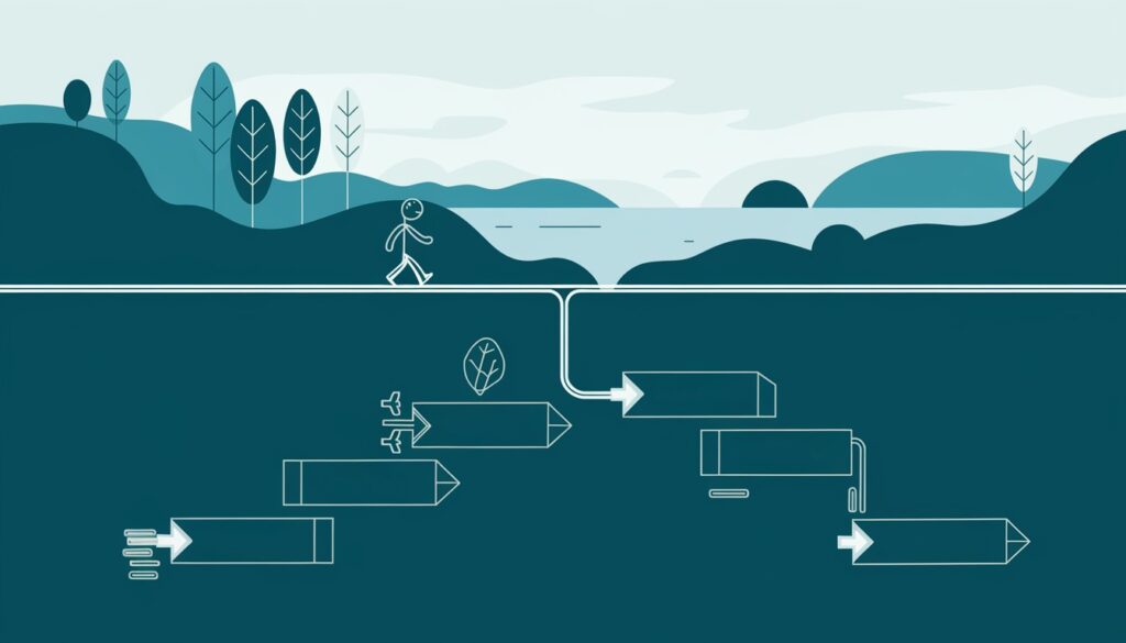 An illustration depicting user flow, with surface-level simplicity and deeper pathways below, emphasizing its role in UX design.