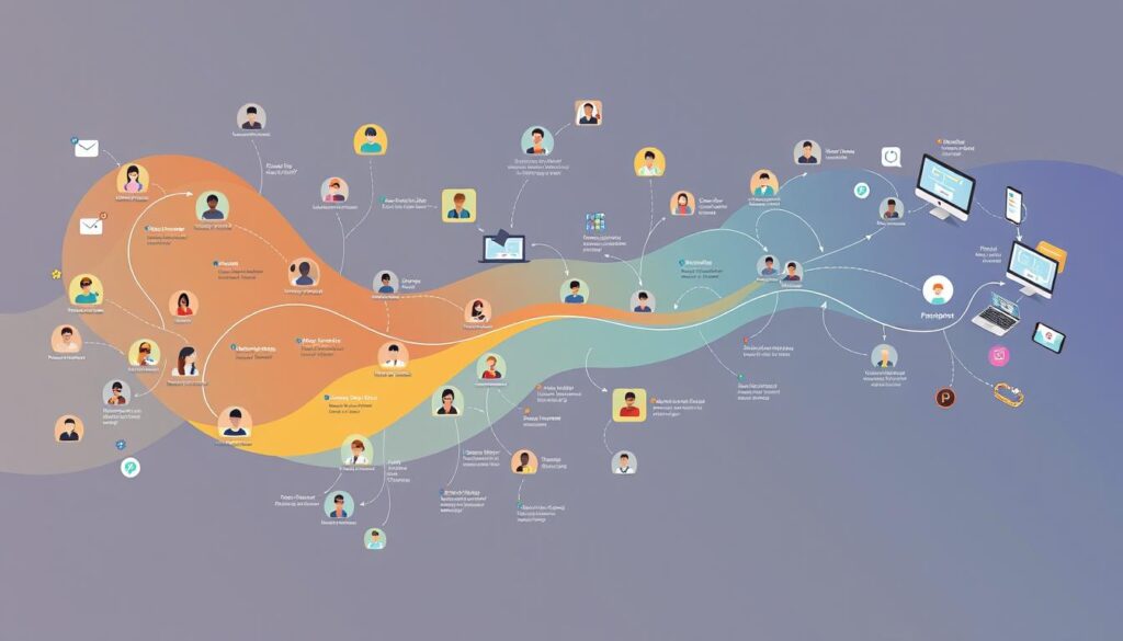 User journey mapping A detailed visual representation of user journey mapping, showcasing touchpoints, user personas, and interactions across platforms.