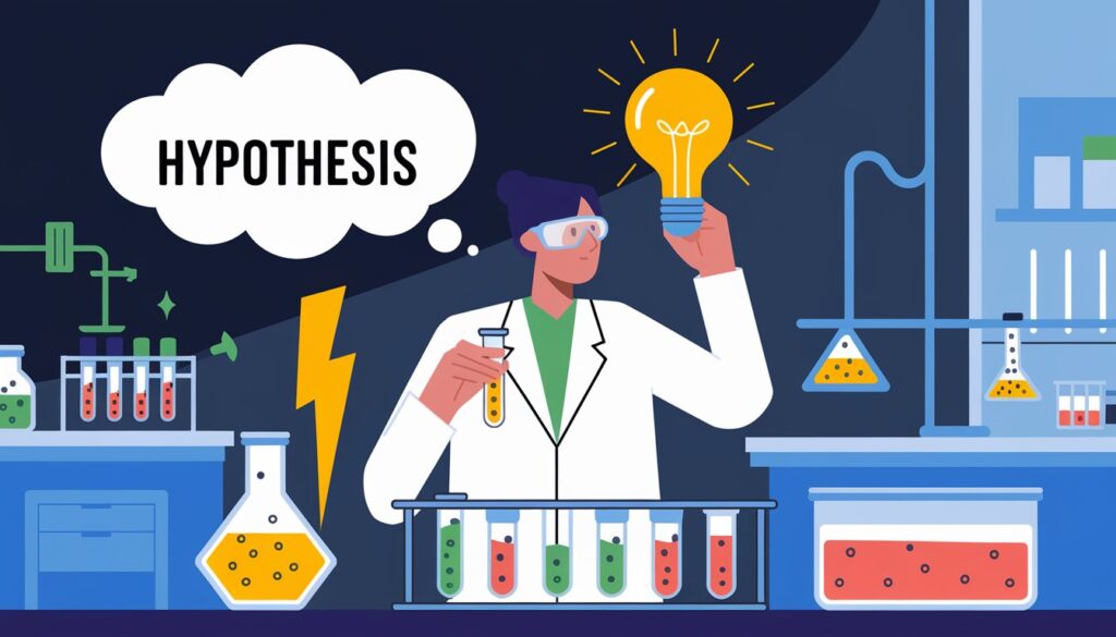 A scientist in a lab holding a light bulb, symbolizing a hypothesis, surrounded by lab equipment, representing research design."