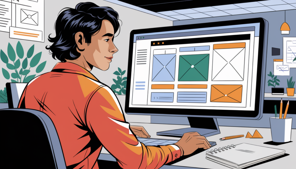 A designer working on a wireframe layout, representing UX/UI design and website structure planning.