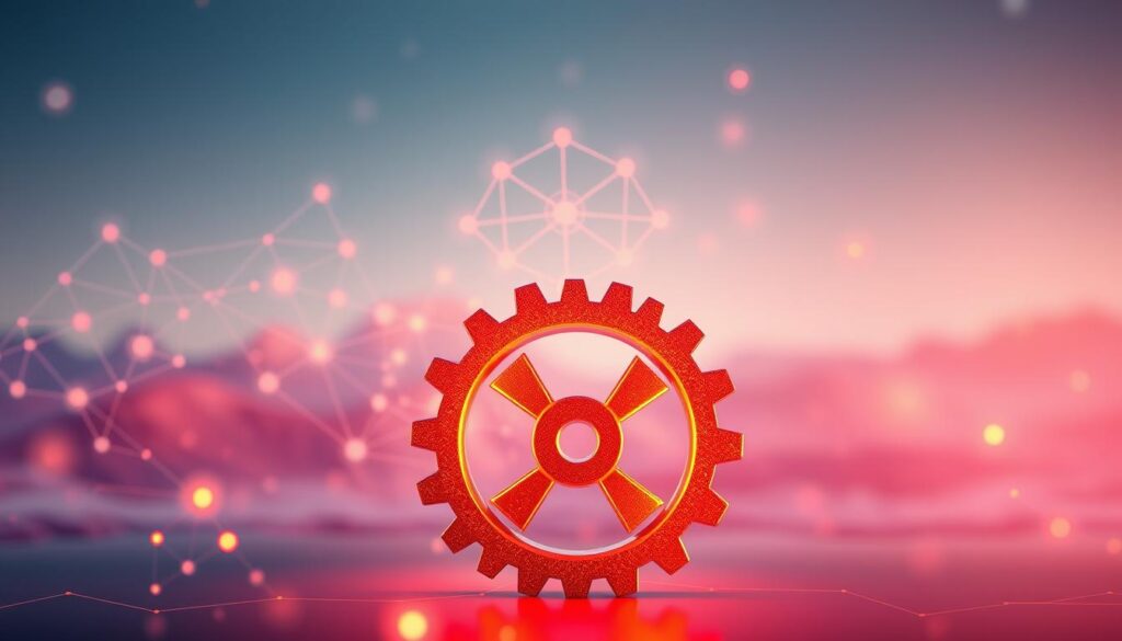 holistic innovation strategy A glowing red gear icon set against a futuristic digital background with network nodes.