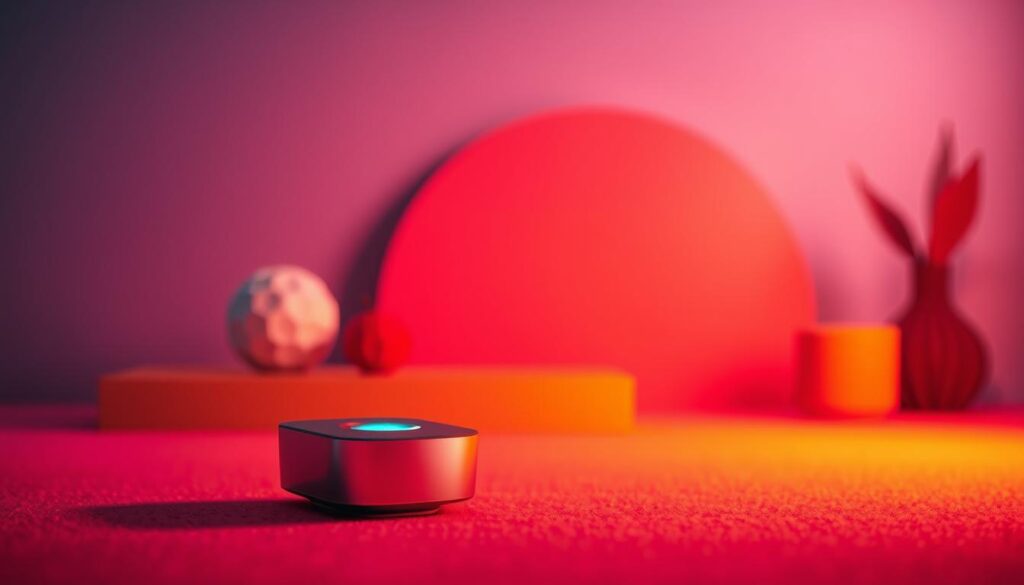 product desirability A sleek, modern gadget displayed in a vibrant, well-lit setting, evoking product desirability through design and visual appeal.