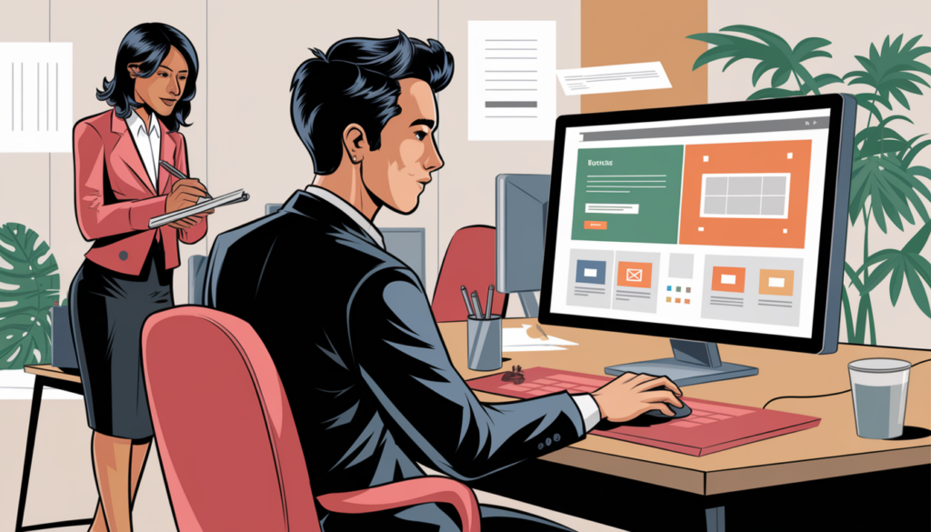 An illustration of a man testing a website on a desktop while a colleague observes and takes notes.