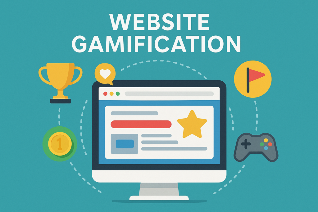 A flat illustration of a computer screen with gamification icons like trophy, coin, star, flag, and game controller.