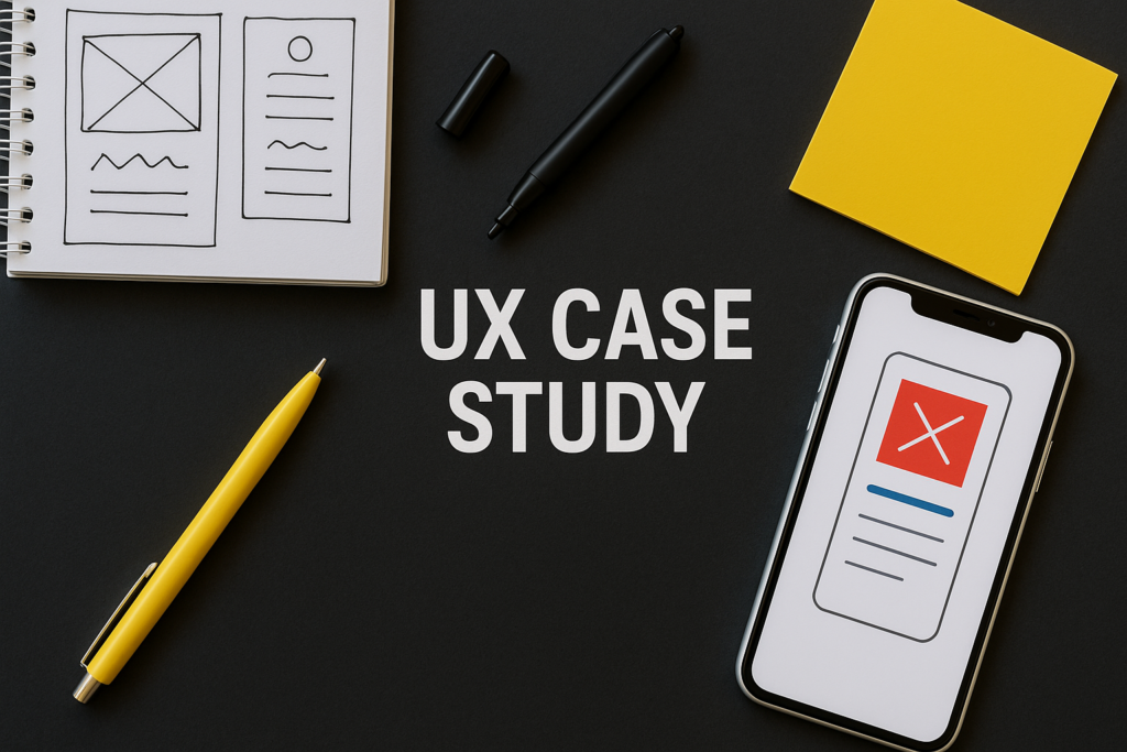 UX case study concept with wireframe sketches, pens, smartphone mockup, and sticky note on dark background.