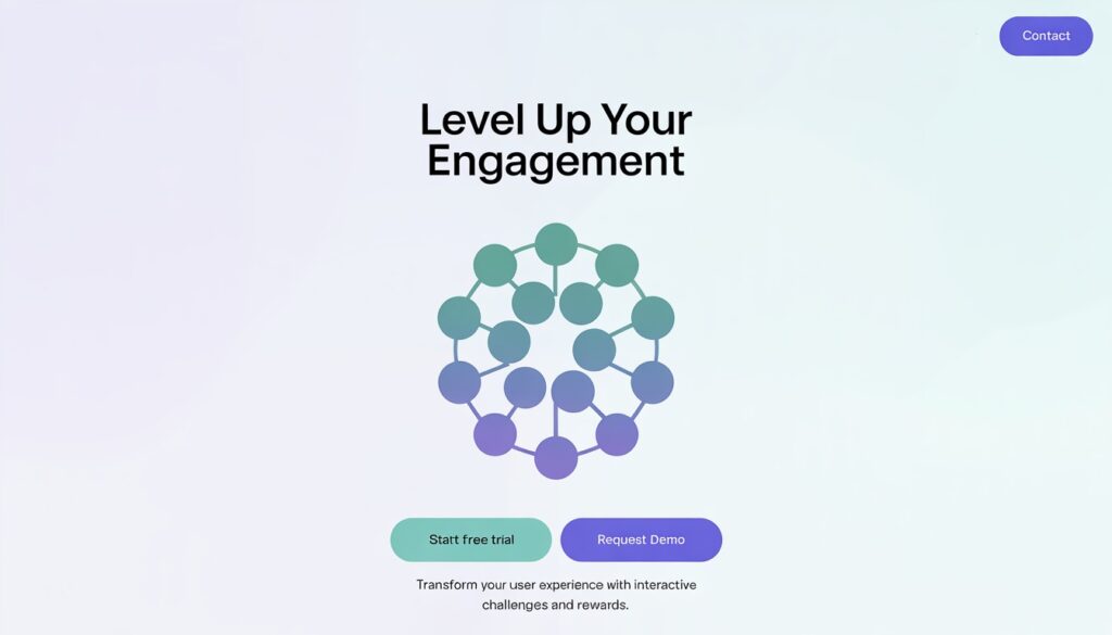Gamification-themed UI with “Level Up Your Engagement” text, buttons for free trial and demo, and a connected nodes graphic.