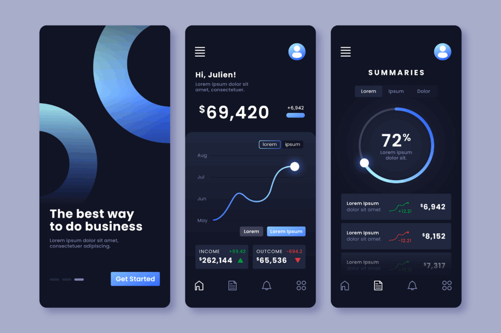 Dark-themed business finance app UI showing stats, income, outcome graphs, and progress summaries with gradients.