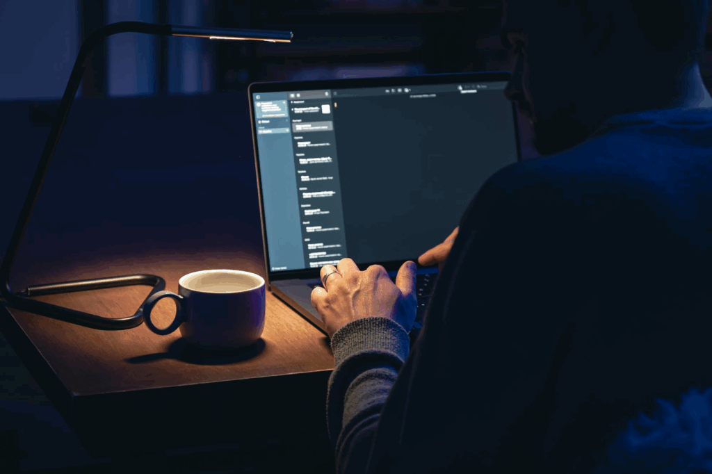 A man working on a laptop in low light next to the cup and lamp located on the table.