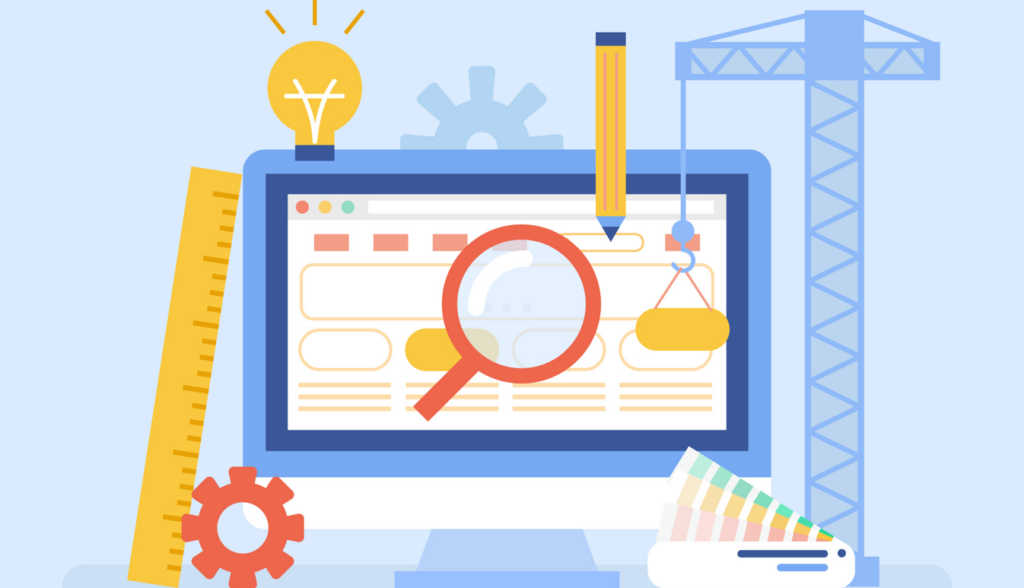 An illustration of the website design process with a computer and tools.