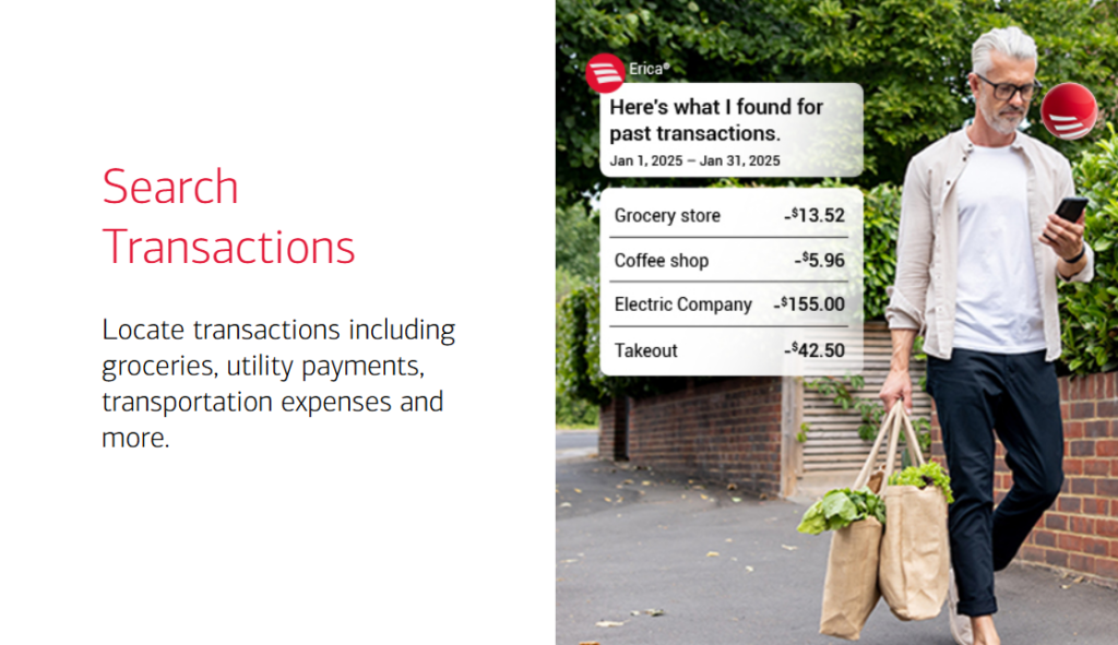 A man carrying groceries while checking his phone with a screen showing past transactions.